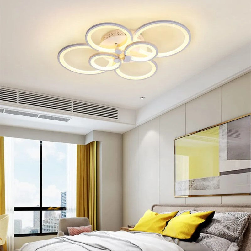 Lustra LED HOZRO, cu telecomanda, lumina Cald Neutru Rece, intensitate reglabila StrongLED, 6 cercuri Alb, Design Elegant și Tehnologie Avansată! ✨💡