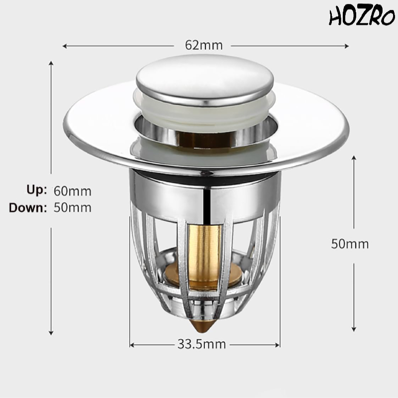 Ventil Universal HOZRO, pentru Chiuvetă – Dop de Scurgere cu Sistem de Blocare cu Arc, Tip Push Pop-Up, din Oțel Inoxidabil, Compatibil cu Chiuvete de Baie și Bucătărie, Rezistent la Coroziune și Ușor de Instalat HOZRO