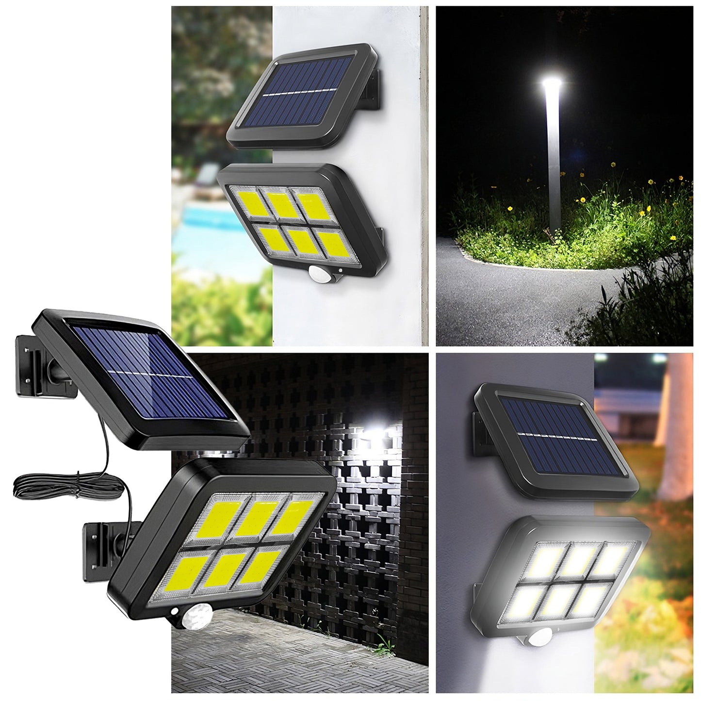 Lampă Solară Exterior HOZRO, cu 120 LED-uri Puternice, Senzor de Mișcare și de Lumină, Panou Solar Ajustabil, Impermeabilă și Eficientă Energetic – Iluminare Automată pentru Curte, Grădină, Alei sau Garaj HOZRO