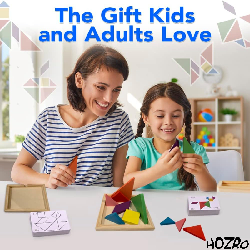 Tangram Joc Educativ HOZRO, din Lemn – Puzzle Clasic Chinezesc, Dezvoltă Creativitatea, Logica și Motricitatea Fină, Ideal pentru Copii și Adulți, Distracție Interactivă la Școală sau Acasă HOZRO