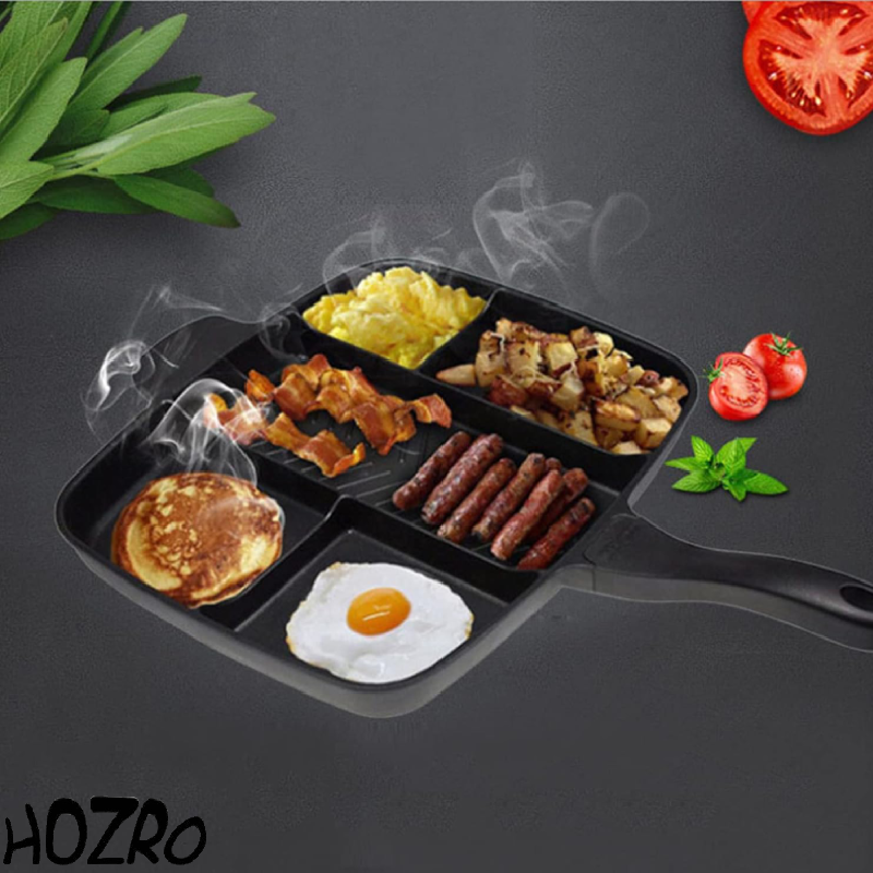 Tigaie Grill HOZRO, cu 4 compartimente, antiaderentă, ideală pentru prepararea rapidă și sănătoasă a cărnii, legumelor sau ouălor, pentru micul dejun și mesele zilnice HOZRO