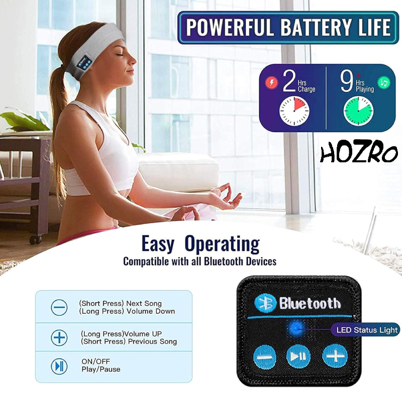 Bentiță Bluetooth HOZRO, cu Căști Wireless și Microfon – Accesoriu 2 în 1, Gri, Moale și Confortabil, Ideal pentru Somn, Sport, Meditație, Jogging, Relaxare sau Călătorii, Compatibilă cu iOS și Android HOZRO