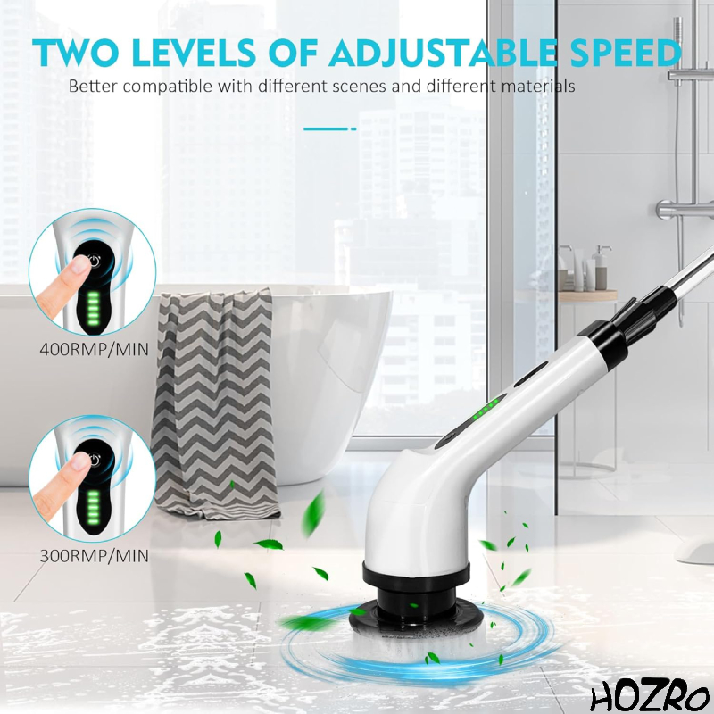 Perie electrica rotativa HOZRO, pentru curatare eficienta fara efort, maner extensibil, multifunctionala fara fir, baterie cu incarcare USB tip C, 2500mAh, pentru diverse suprafete, cu 9 capete detasabile HOZRO