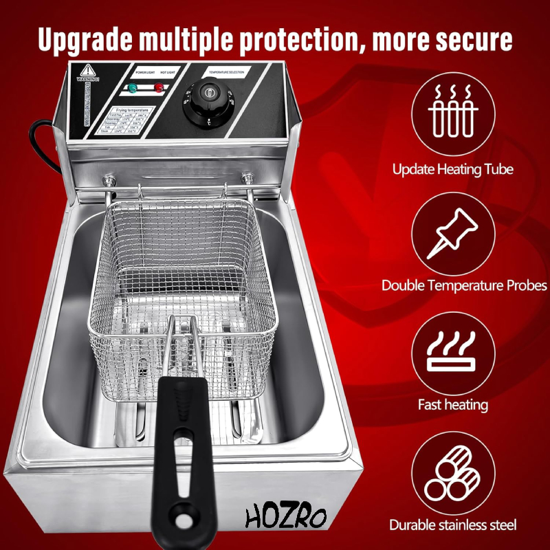 Friteuză Electrică Profesională din Inox HOZRO, Capacitate 6L, Putere 2500W – Ideală pentru Uz Comercial sau Casnic, Gătire Rapidă și Eficientă HOZRO