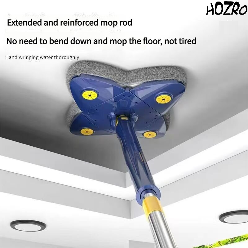 Mop Plat cu 4 Colturi , Versatil, Cap Rotativ 360°, Sistem Revolutionar de Stoarcere, Usor de Folosit, Uscat, Umed, 140 cm, Albastru Inchis HOZRO