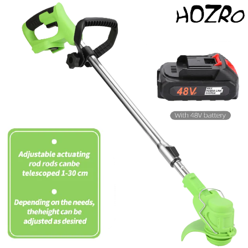 Motocoasa Electrica HOZRO, 1500W cu 2 Acumulatori 48V, Roti Detasabile si 3 Unghiuri de Taiere – Accesorii Incluse, Design Rezistent din ABS si Metal, Verde HOZRO