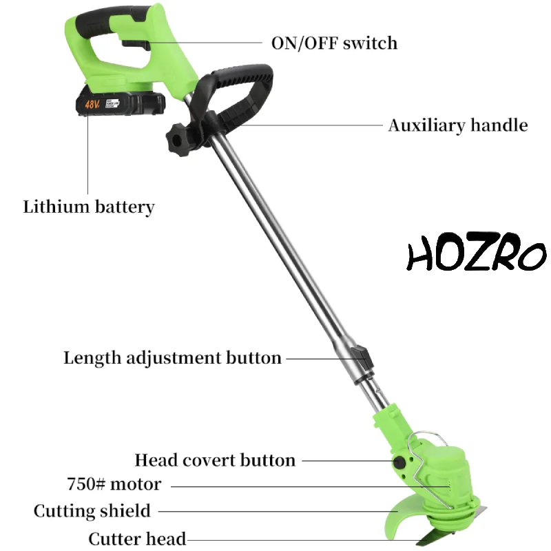 Motocoasa Electrica HOZRO, 1500W cu 2 Acumulatori 48V, Roti Detasabile si 3 Unghiuri de Taiere – Accesorii Incluse, Design Rezistent din ABS si Metal, Verde HOZRO