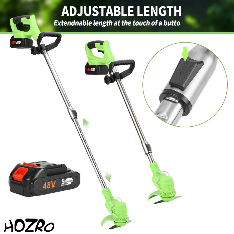 Motocoasa Electrica HOZRO, 1500W cu 2 Acumulatori 48V, Roti Detasabile si 3 Unghiuri de Taiere – Accesorii Incluse, Design Rezistent din ABS si Metal, Verde HOZRO