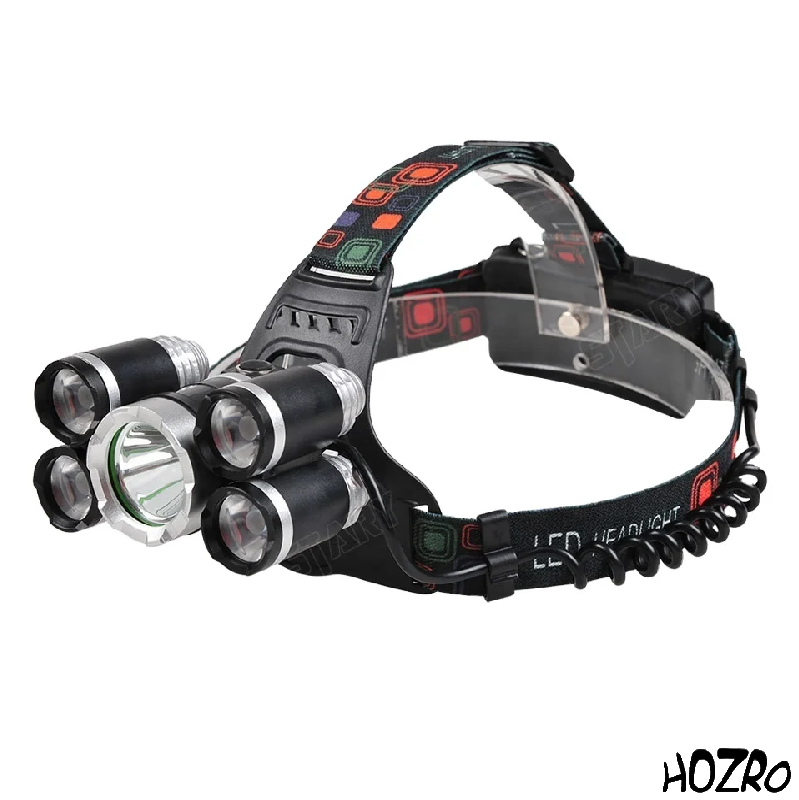 Lanternă de Cap Reîncărcabilă HOZRO, cu 5 LED-uri Puternice, Încărcare 220V și Auto, Culoare Neagră HOZRO