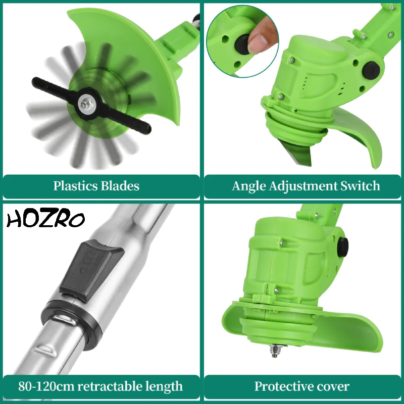 Motocoasa Electrica HOZRO, 1500W cu 2 Acumulatori 48V, Roti Detasabile si 3 Unghiuri de Taiere – Accesorii Incluse, Design Rezistent din ABS si Metal, Verde HOZRO