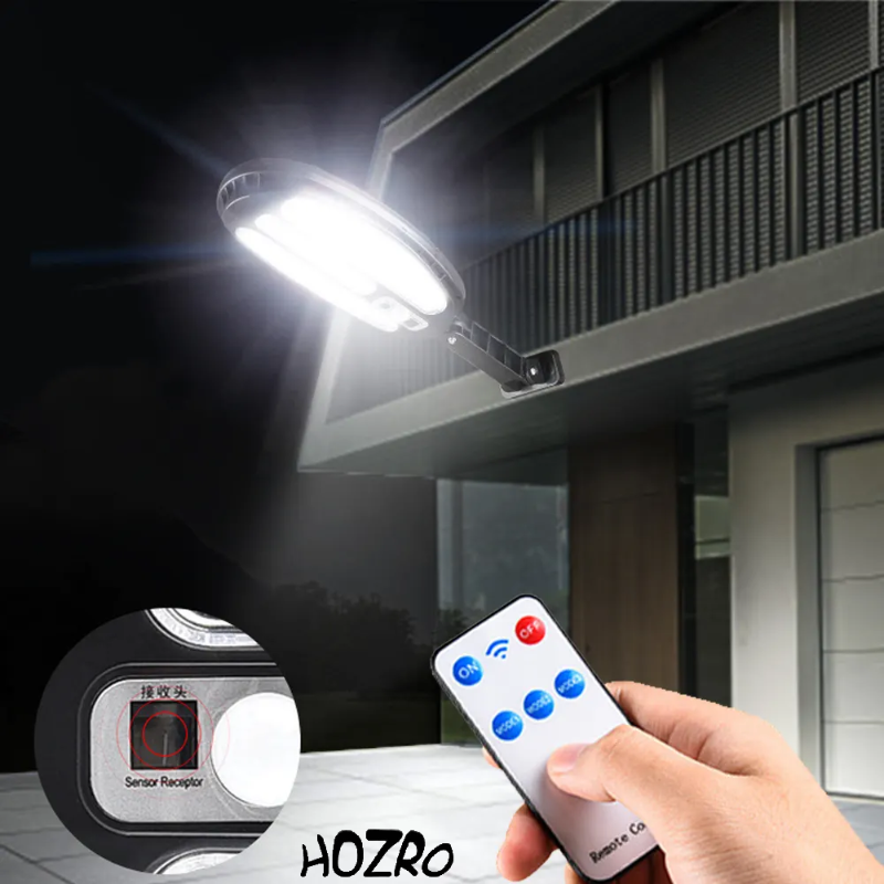 Lampa HOZRO, cu incarcare solara si telecomanda, senzor de miscare si lumina, 3 moduri de iluminare, stare de veghe, 96 LED, HB-8188A HOZRO