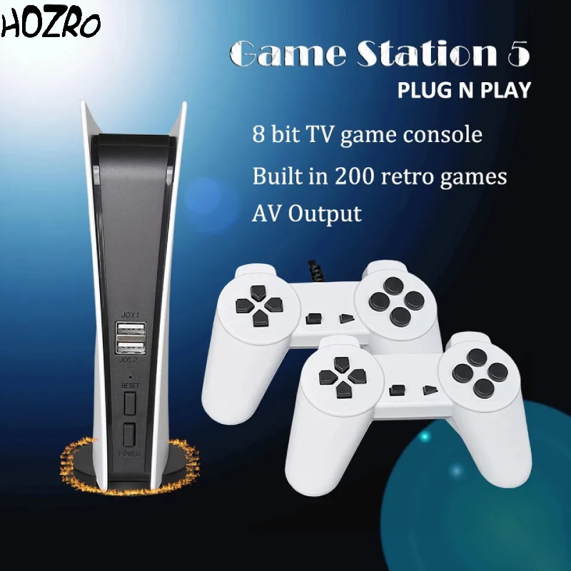 Consola HOZRO, Classic Retro Game Station 5 cu 200 jocuri clasice 8-Bit preinstalate, două controllere USB cu fir incluse, conexiune AV pentru televizor HOZRO