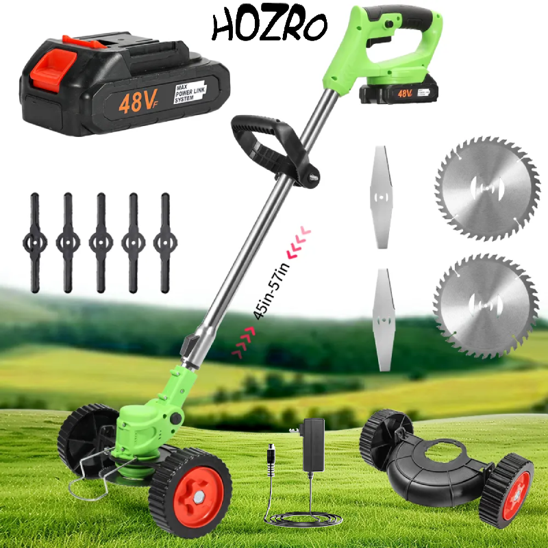 Motocoasa Electrica HOZRO, 1500W cu 2 Acumulatori 48V, Roti Detasabile si 3 Unghiuri de Taiere – Accesorii Incluse, Design Rezistent din ABS si Metal, Verde HOZRO