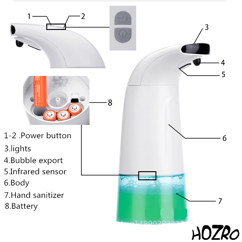 Dozator de Săpun HOZRO, Automat cu Senzor Infraroșu – Distribuire Igienică fără Atingere, Rezervor Generos, Design Modern și Funcționare pe Baterii, Ideal pentru Bucătărie și Baie HOZRO