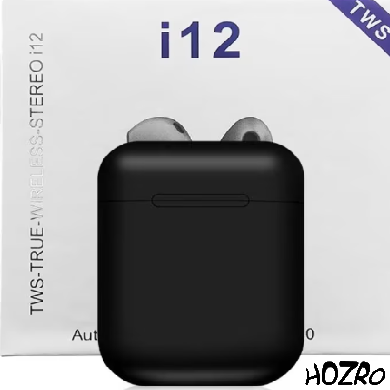 Căști wireless HOZRO, i12 TWS negre, design ergonomic, conexiune Bluetooth stabilă, microfon integrat, autonomie extinsă și sunet clar, ideale pentru muzică, apeluri și sport HOZRO