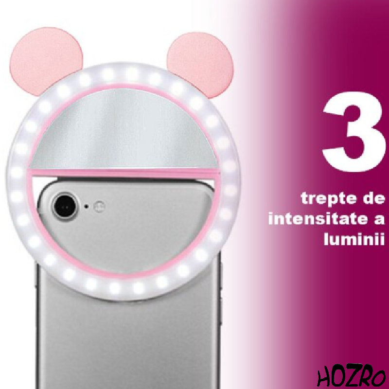 Lampa LED HOZRO, Selfie Ring in Forma de Urs, Lumina Portabila pentru Telefon, Iluminare Ideala pentru Poze si Videoclipuri, Roz HOZRO