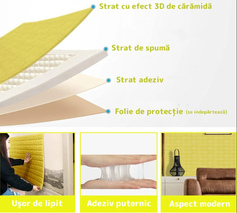 Set Tapet 3D Hozro autoadeziv, Model Caramizi, design modern, foarte usor de montat, Tapet 50 Galben HOZRO