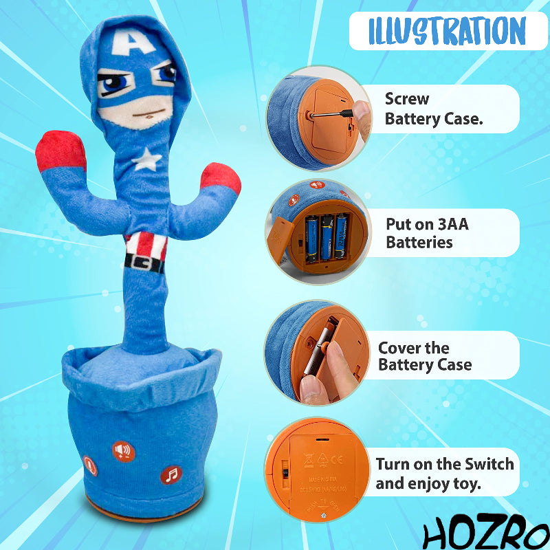 Jucărie Interactivă HOZRO, Cactus Căpitan America cu Muzică, Dans și Imitație Vocală pentru Copii, 32 cm HOZRO