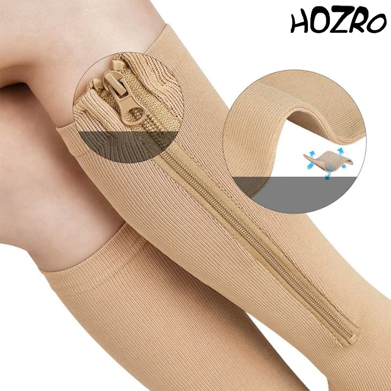Set 2 Șosete Compresive HOZRO, cu Fermoar, Bej – Stimulează Circulația și Ameliorează Oboseala Picioarelor HOZRO