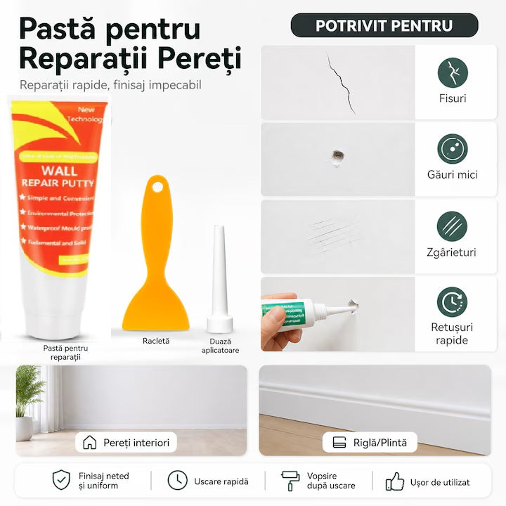 Pasta pentru reparat pereti HOZRO, cu plasture pentru gips-carton, auto-adeziv, cu spatula, alb HOZRO