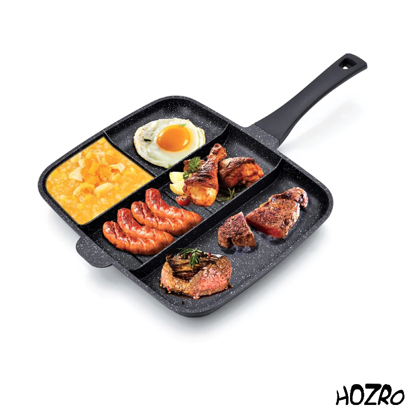 Tigaie Grill HOZRO, cu 4 compartimente, antiaderentă, ideală pentru prepararea rapidă și sănătoasă a cărnii, legumelor sau ouălor, pentru micul dejun și mesele zilnice HOZRO
