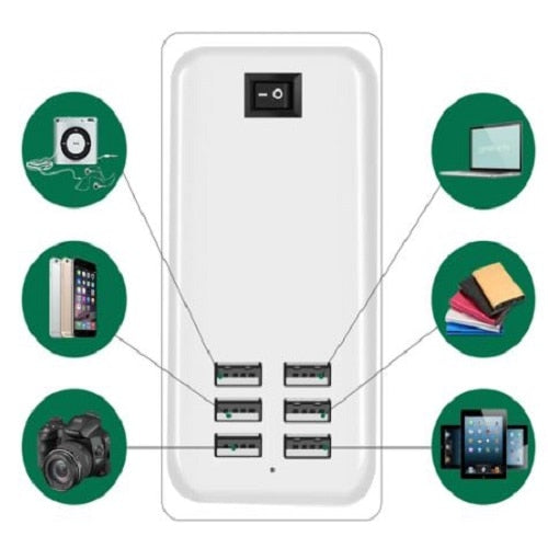 Încărcător 6 Hub USB Fast Charge HOZRO, 6 porturi, USB 5V 3A Adaptor de perete, Incarcare telefon mobil Universal, cu comutator ON/OFF HOZRO