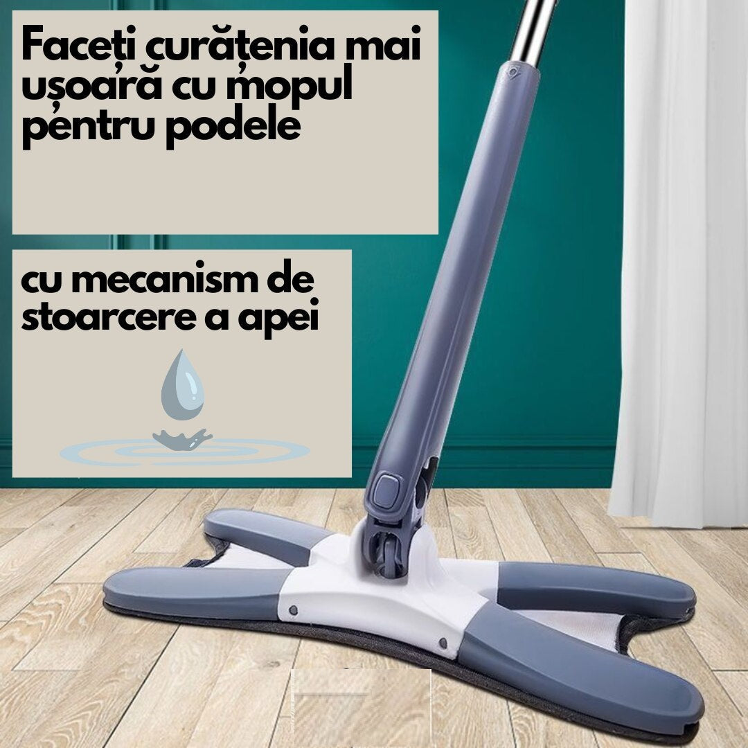 Mop Plat Premium HOZRO, Tip X cu Autostoarcere Inteligentă, Cap Rotativ 360°, Mâner Aluminiu 140 cm, Utilizare Umed/Uscat, Include 1 Laveta Microfibră Reutilizabile HOZRO
