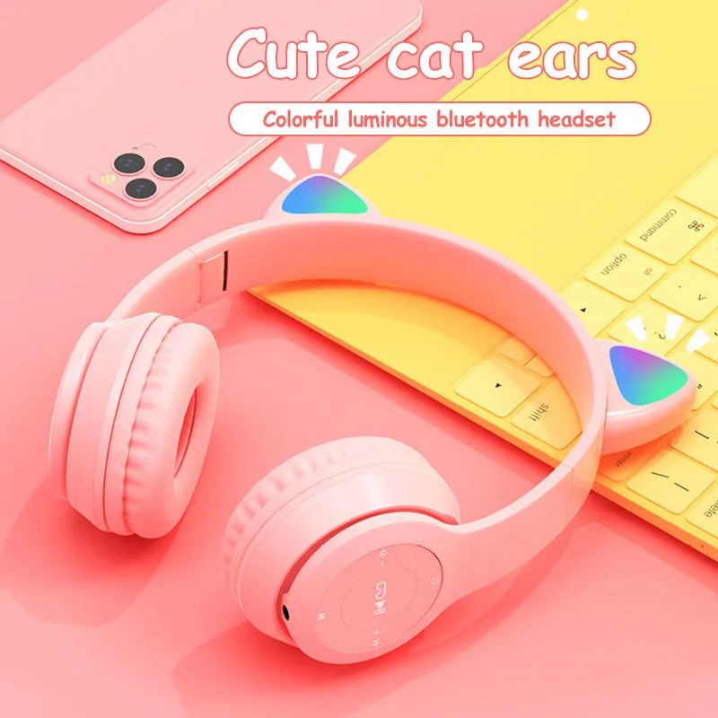 Casti pentru copii Bluetooth, cu urechi de pisica, limitare a volumului de 88 dB si lumina LED, Roz BESTSELLS