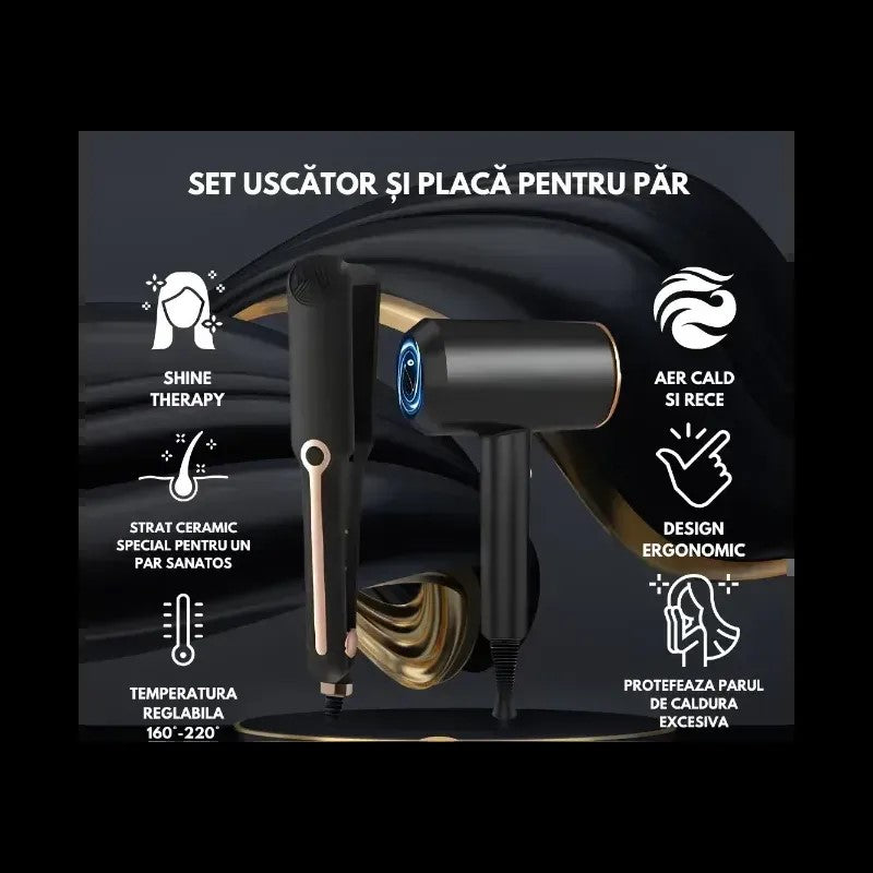 Set uscator si placa pentru par, cu reglare a temperaturii, sistem ce nu permite supraincalzirea, model Shine Therapy, negru