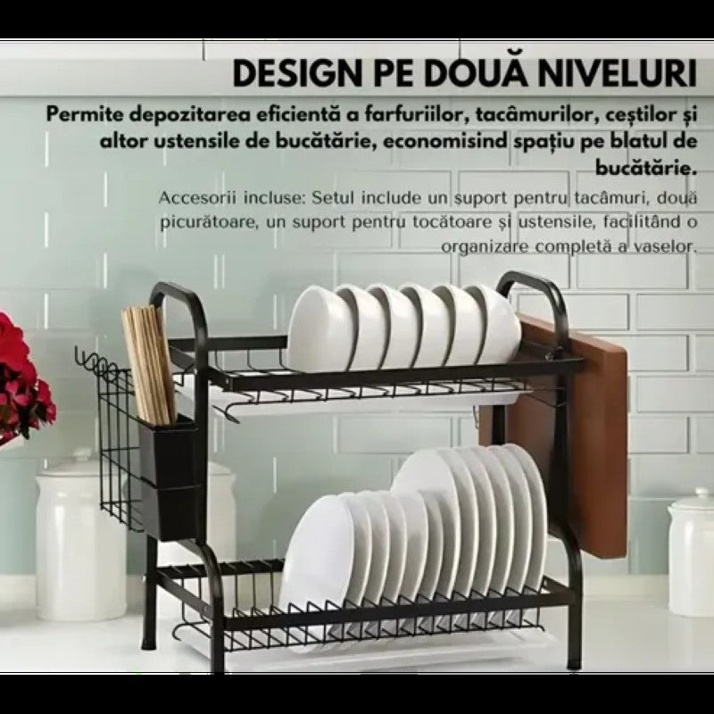 Scurgător Vase cu Suport Scurgere Automată - Uscător Vase, Suport Tacâmuri și Pahare, 42 x 30 x 29 cm, Negru! 🍽️✨ BESTSELLS