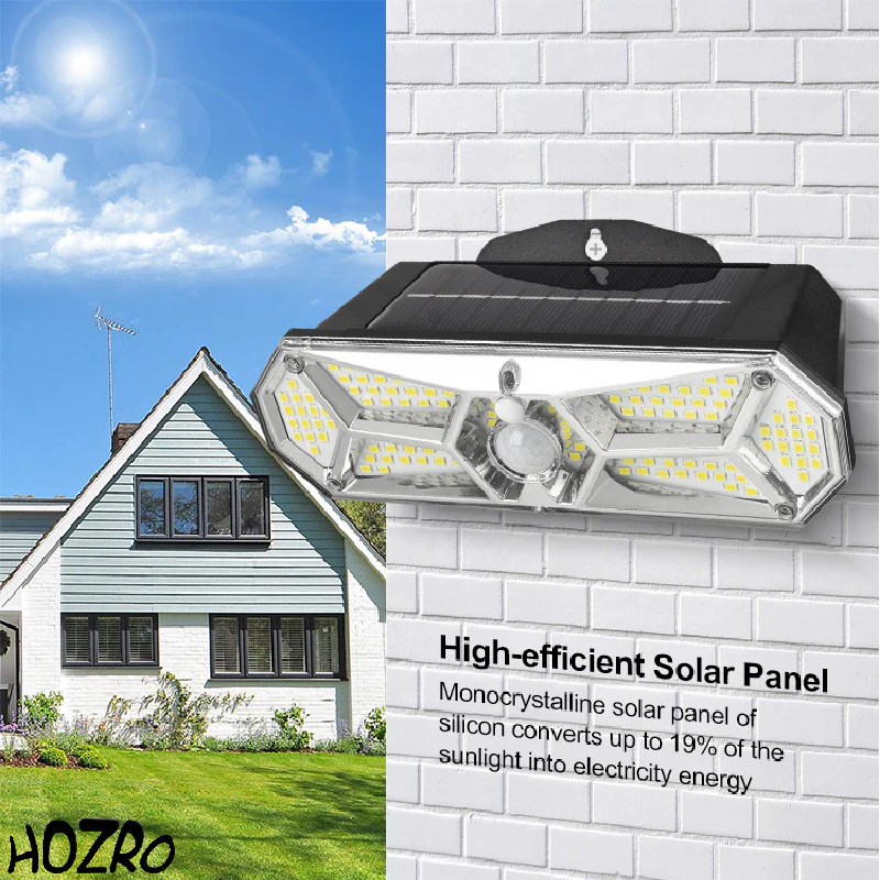 Lampa solara de perete HOZRO, cu senzor de miscare, 126 LED-uri COB, panou solar, telecomanda si iluminare automata pentru exterior HOZRO