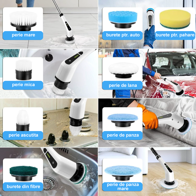 Perie electrica rotativa HOZRO, pentru curatare eficienta fara efort, maner extensibil, multifunctionala fara fir, baterie cu incarcare USB tip C, 2500mAh, pentru diverse suprafete, cu 9 capete HOZRO