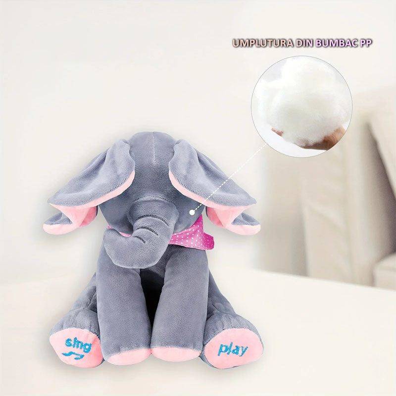🐘 Elefănțelul Interactiv Cucu-Bau HOZRO – Jucăria de Pluș care Cântă și Își Mișcă Urechile (30 cm) HOZRO