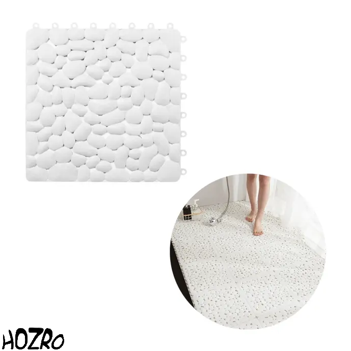 Covor Antiderapant HOZRO, Tip Dale pentru Cabină de Duș – Design Modern cu Textură de Pietre Albe, Modular, Ușor de Îmbinat, Material Moale și Rezistent la Apă, Ideal pentru Băi Elegante și Zone Umede HOZRO
