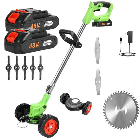Motocoasa Electrica HOZRO, 1500W cu 2 Acumulatori 48V, Roti Detasabile si 3 Unghiuri de Taiere – Accesorii Incluse, Design Rezistent din ABS si Metal, Verde HOZRO