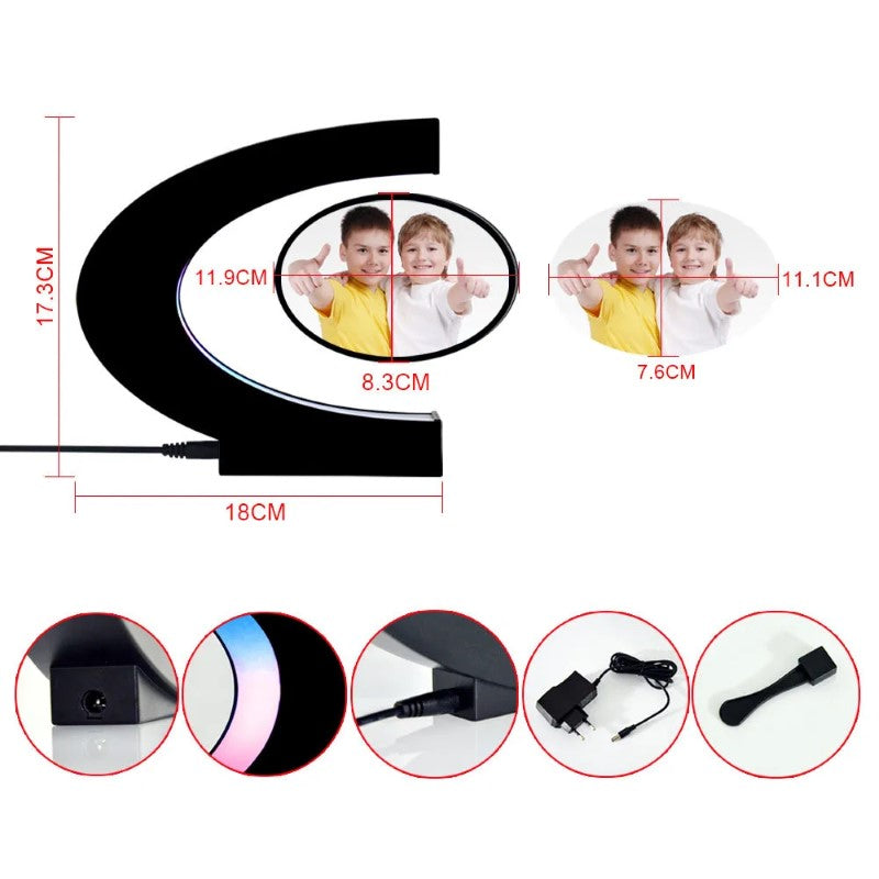 Rama FotoHOZRO, cu Lumina LED și Levitație Magnetică – Design Modern în Forma de C, Negru