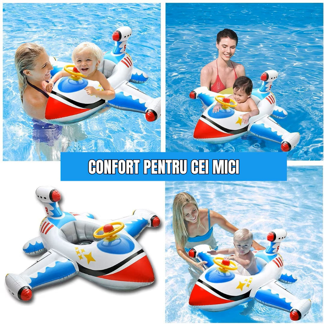 Colac de inot gonflabil pentru copii Hozro®, model avion cu volan si claxon, multicolor, 1–4 ani, material durabil HOZRO