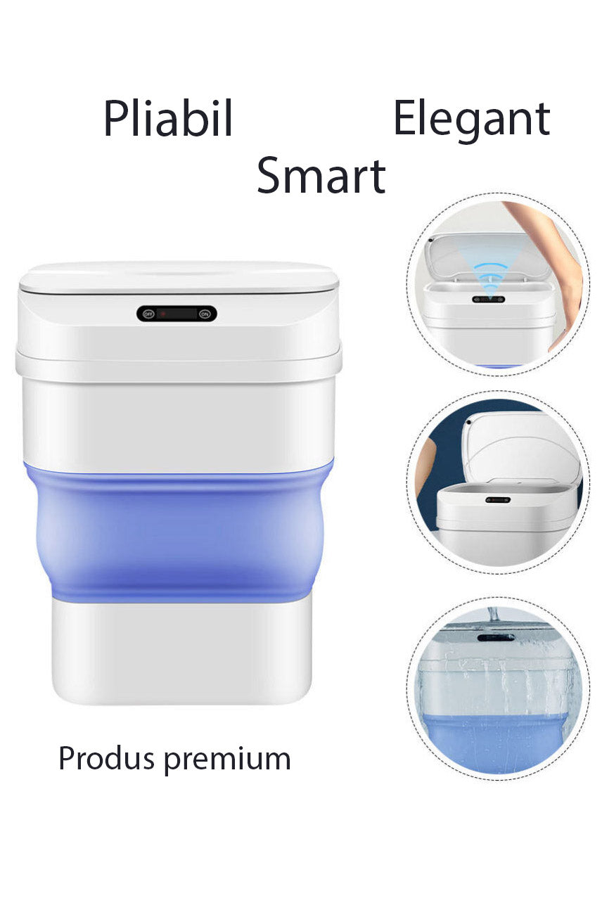 Cos inteligent,  Hozro , de gunoi electric Smart Trash Can, cu senzor de miscare, pliabil, 8 l-17.5 l, alb/albastru, HOZRO