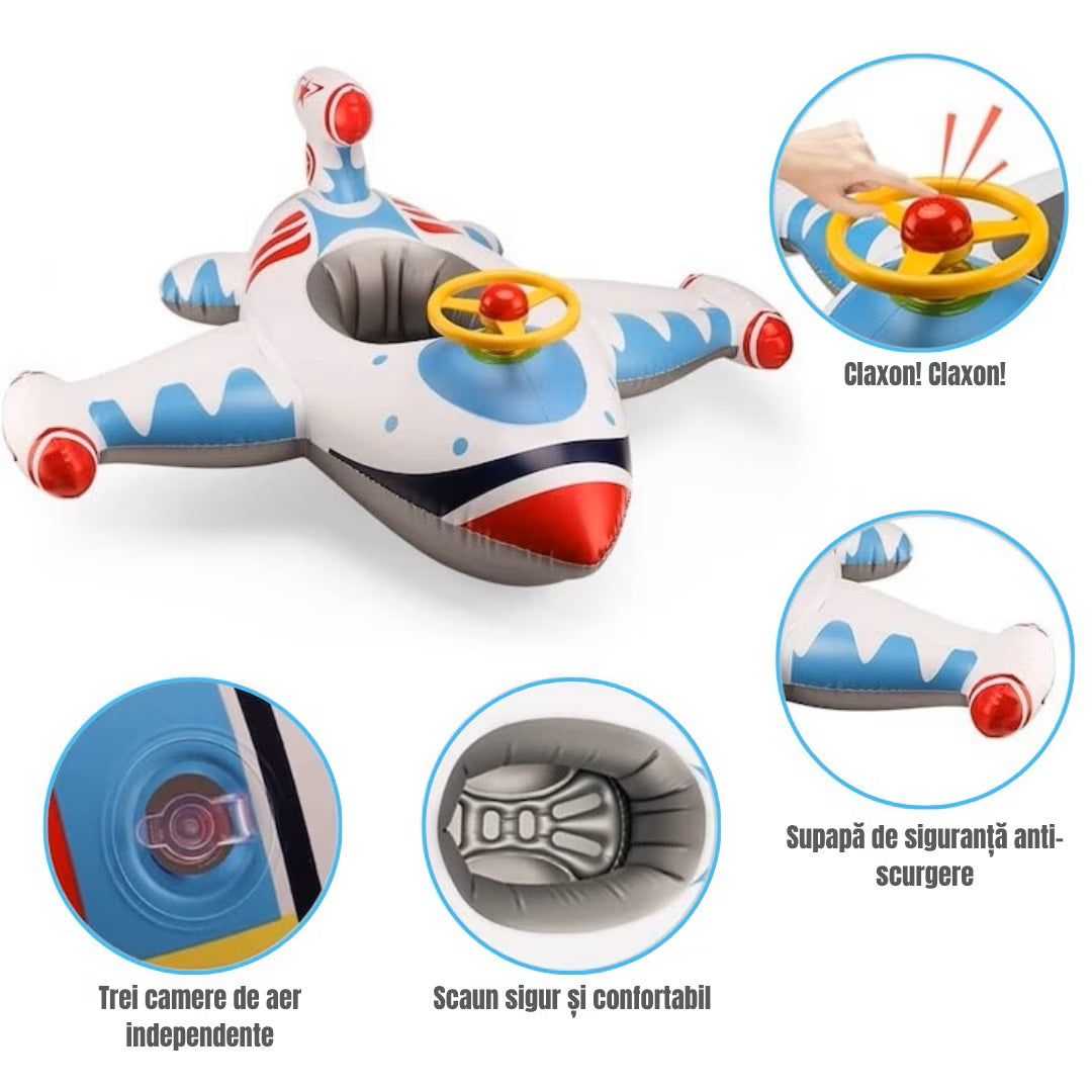 Colac de inot gonflabil pentru copii Hozro®, model avion cu volan si claxon, multicolor, 1–4 ani, material durabil HOZRO