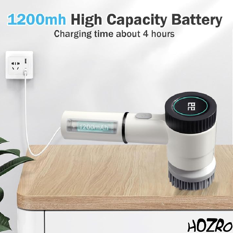 Perie Electrica de Curatare HOZRO, 5 in 1 – Cu Ecran LED, 3 Viteze, Rezistenta la Apa IPX7 si 5 Capete Intersanjabile pentru Baie, Bucatarie, Sticla, Gratar si Terasa, Alb HOZRO