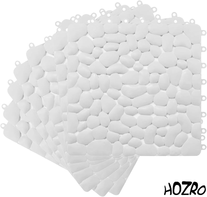 Covor Antiderapant HOZRO, Tip Dale pentru Cabină de Duș – Design Modern cu Textură de Pietre Albe, Modular, Ușor de Îmbinat, Material Moale și Rezistent la Apă, Ideal pentru Băi Elegante și Zone Umede HOZRO