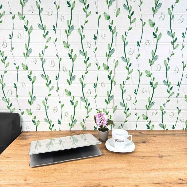 Tapet 3D Decorativ autoadeziv HOZRO, Model frunze Alb/Verde, perete/tavan, waterproof, usor de montat, design modern, 70x70 cm, alb, TAPET 105 HOZRO