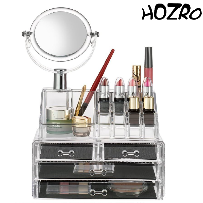 Organizator Cosmetice HOZRO, din Acril cu 4 Sertare și Oglindă – Eleganță și Practicitate pentru Toaletă sau Birou HOZRO