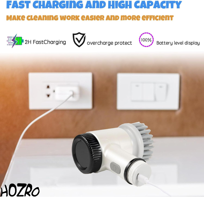 Perie Electrica de Curatare HOZRO, 5 in 1 – Cu Ecran LED, 3 Viteze, Rezistenta la Apa IPX7 si 5 Capete Intersanjabile pentru Baie, Bucatarie, Sticla, Gratar si Terasa, Alb HOZRO