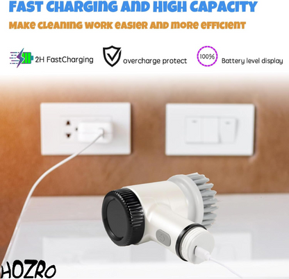 Perie Electrica de Curatare HOZRO, 5 in 1 – Cu Ecran LED, 3 Viteze, Rezistenta la Apa IPX7 si 5 Capete Intersanjabile pentru Baie, Bucatarie, Sticla, Gratar si Terasa, Alb HOZRO