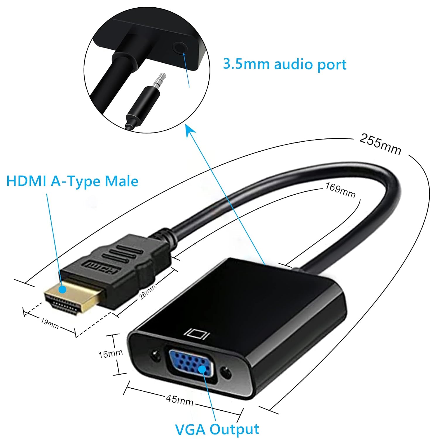 Cablu adaptor HDMI la VGA, 1080p Full HD 60 Hz, 20 cm, Negru BESTSELLS