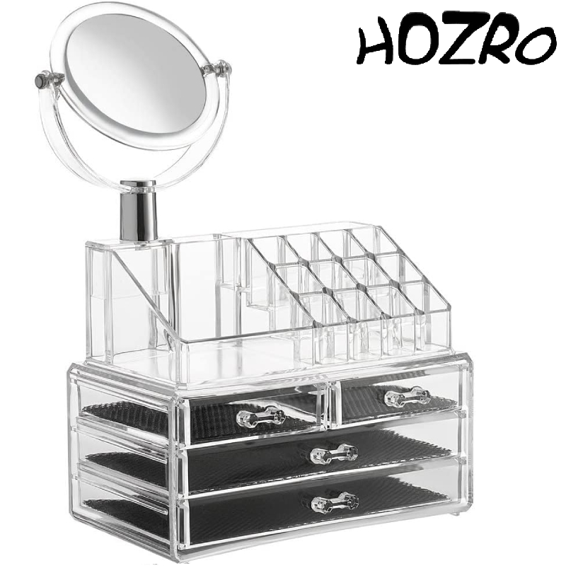 Organizator Cosmetice HOZRO, din Acril cu 4 Sertare și Oglindă – Eleganță și Practicitate pentru Toaletă sau Birou HOZRO