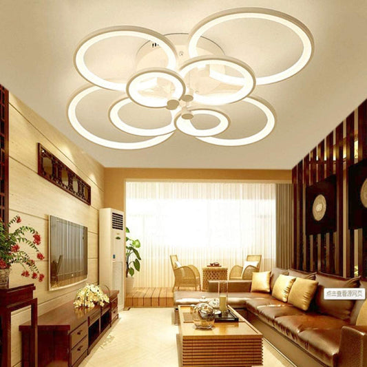 Lustră LED Modernă cu 8 Cercuri HOZRO, Design Geometric Elegant și Reglaj al Intensității Luminii prin Telecomandă – Iluminat Decorativ și Eficient pentru Living, Dormitor sau Birou HOZRO