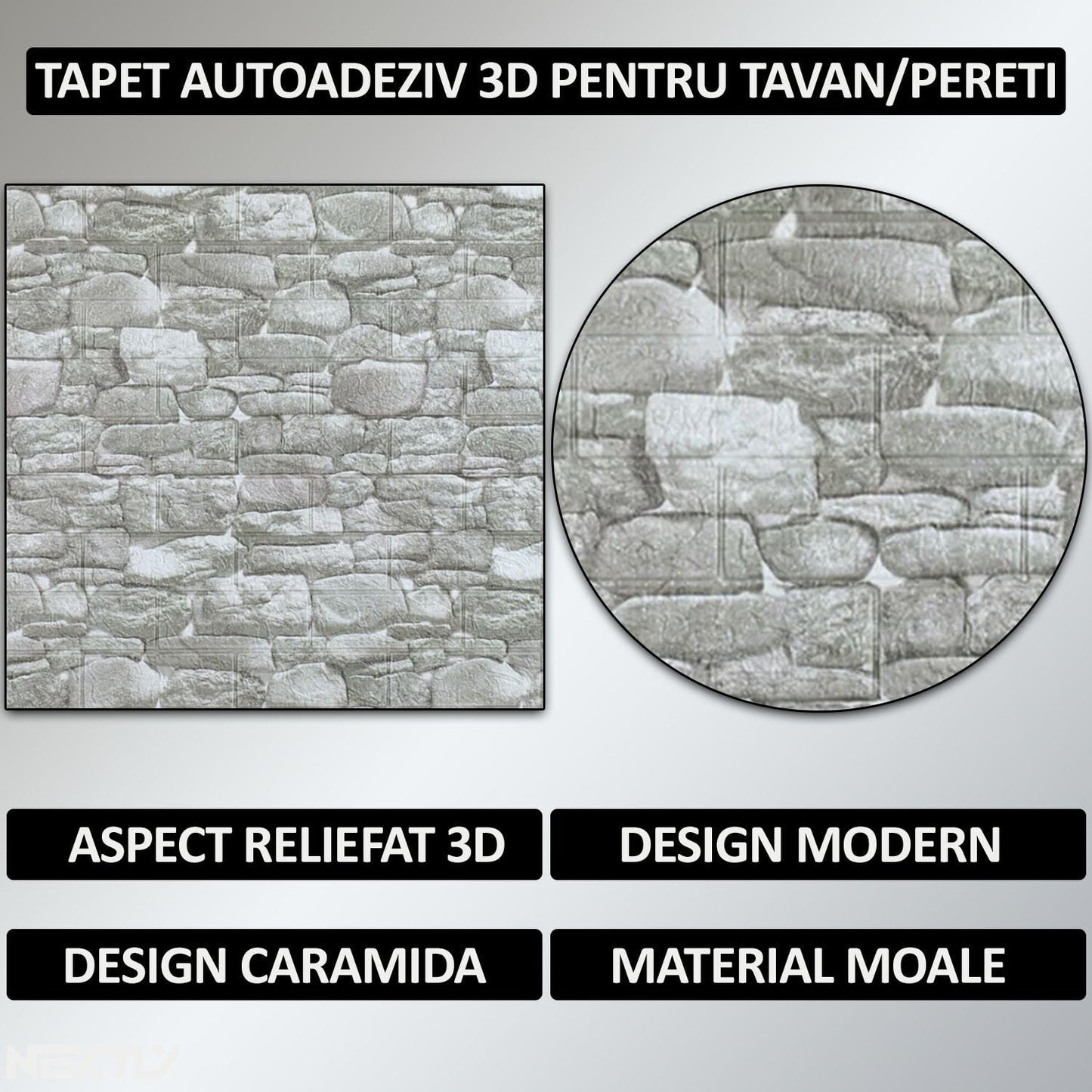 Set Tapet 3D Hozro autoadeziv, Model Caramizi Rau Gri Deschis, design modern, foarte usor de montat, Tapet 95 HOZRO