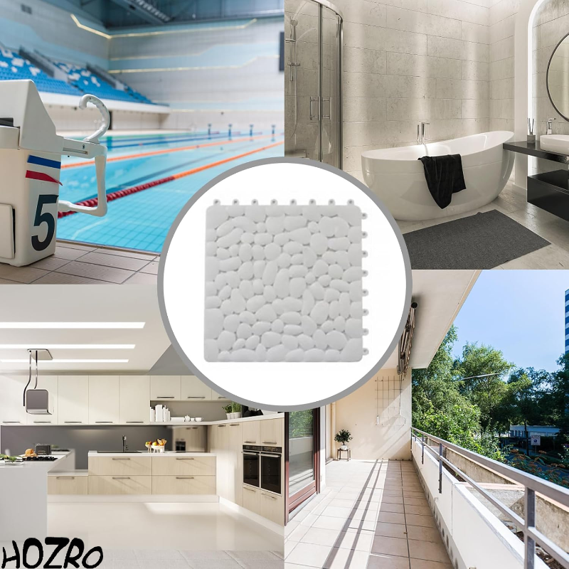 Covor Antiderapant HOZRO, Tip Dale pentru Cabină de Duș – Design Modern cu Textură de Pietre Albe, Modular, Ușor de Îmbinat, Material Moale și Rezistent la Apă, Ideal pentru Băi Elegante și Zone Umede HOZRO
